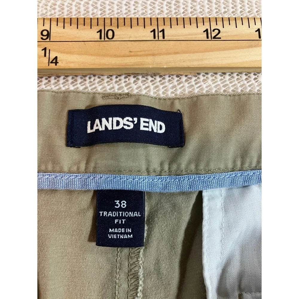 Lands' End Mens Chino Shorts Khaki Tan Flat Front Cotton Stretch Size 38